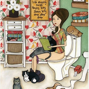 May include: A woman sits on a toilet with a book in her lap and a cat on her lap. There are several cats in the room, and the text "Soft kitty, Warm kitty, little dropping turds, Happy kitty, Sleepy kitty, drop, plop, drop" is written on a yellow sign on the wall. The text "Meow" is written on a sign on a shelf above the toilet.