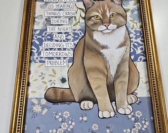 ORIGINAL Tomorrow's Problem, mixed media cat painting