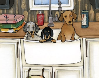 ORIGINAL PAINTING Sink Bath Weenies- Original mixed media painting