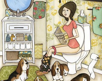 Bathroom Bassets, Basset Hound dog wall art print. Great dog lovers gift.
