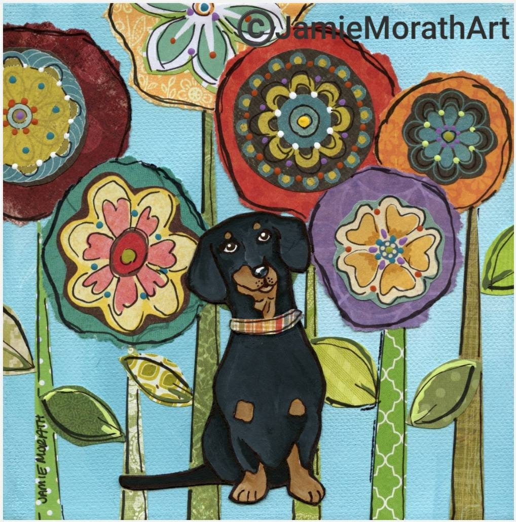 Weenie Love Black And Tan Dachshund Dog Art Print Portrait With Mixed Media Flower Pattern Background Available In Ornaments