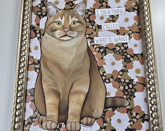 ORIGINAL  What I Want, mixed media cat painting