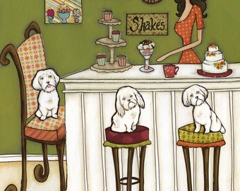 ORIGINAL PAINTING Maltese and Muffins-dog Original mixed media painting