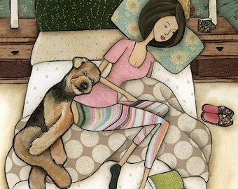 Kiss Goodnight, Airedale Terrier dog wall art print gifts. Great bedroom gift ideas for Airedale lovers.
