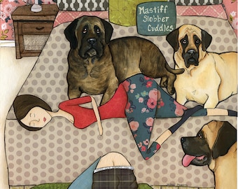 ORIGINAL PAINTING Mastiff Slobber Cuddles- Original mixed media painting