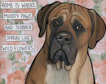 Wildflowers, Mastiff dog wall art print. Great gift ideas for dog lovers.