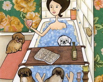 ORIGINAL PAINTING Everyday Moments- Pekingese dog Original mixed media painting