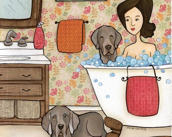 ORIGINAL PAINTING Weimaraner Bath- dog original mixed media painting