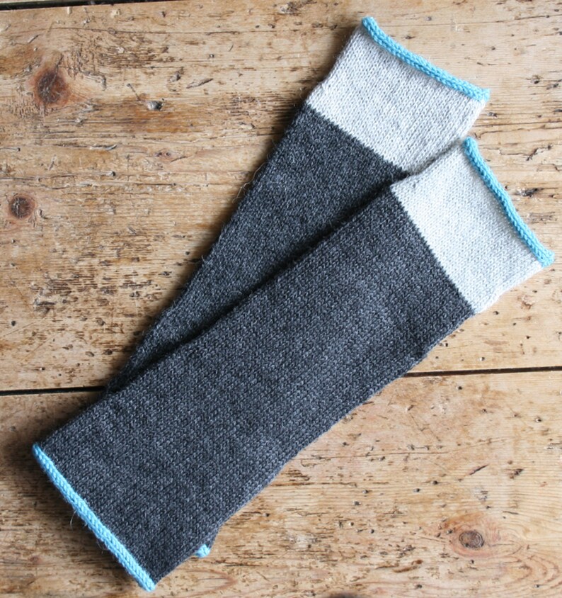 Fingerless mittens, arm warmers, wrist warmers, wristies grey, gray and blue, turquoise wool and alpaca image 3