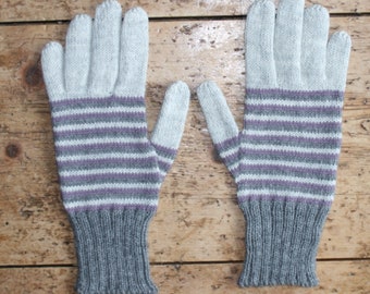 Men's striped winter wool gloves - grey, gray and purple