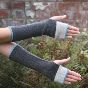 Fingerless mittens, arm warmers, wrist warmers, wristies grey, gray and blue, turquoise wool and alpaca image 1