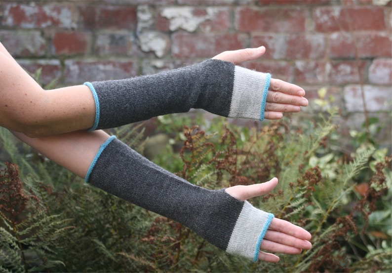 Fingerless mittens, arm warmers, wrist warmers, wristies grey, gray and blue, turquoise wool and alpaca image 1