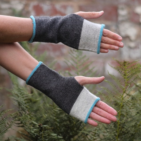 Fingerless mittens, arm warmers, wrist warmers, wristies - grey, gray and blue, turquoise - wool and alpaca