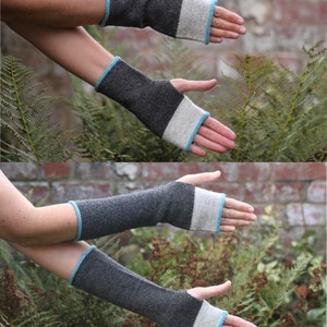 Fingerless mittens, arm warmers, wrist warmers, wristies grey, gray and blue, turquoise wool and alpaca image 6