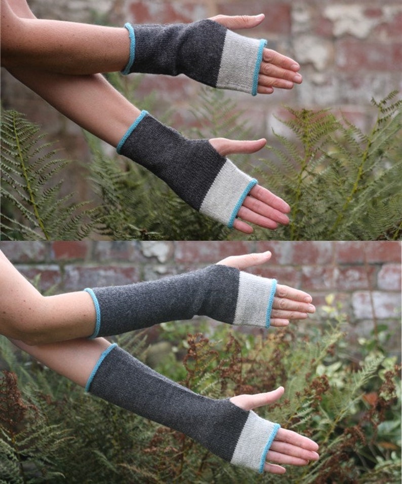 Fingerless mittens, arm warmers, wrist warmers, wristies grey, gray and blue, turquoise wool and alpaca image 6