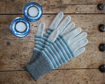 Women&#39;s striped winter wool gloves - grey, gray and turquoise, blue