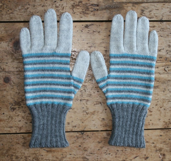 Men's Striped Winter Wool Gloves Grey, Gray and Turquoise, Blue