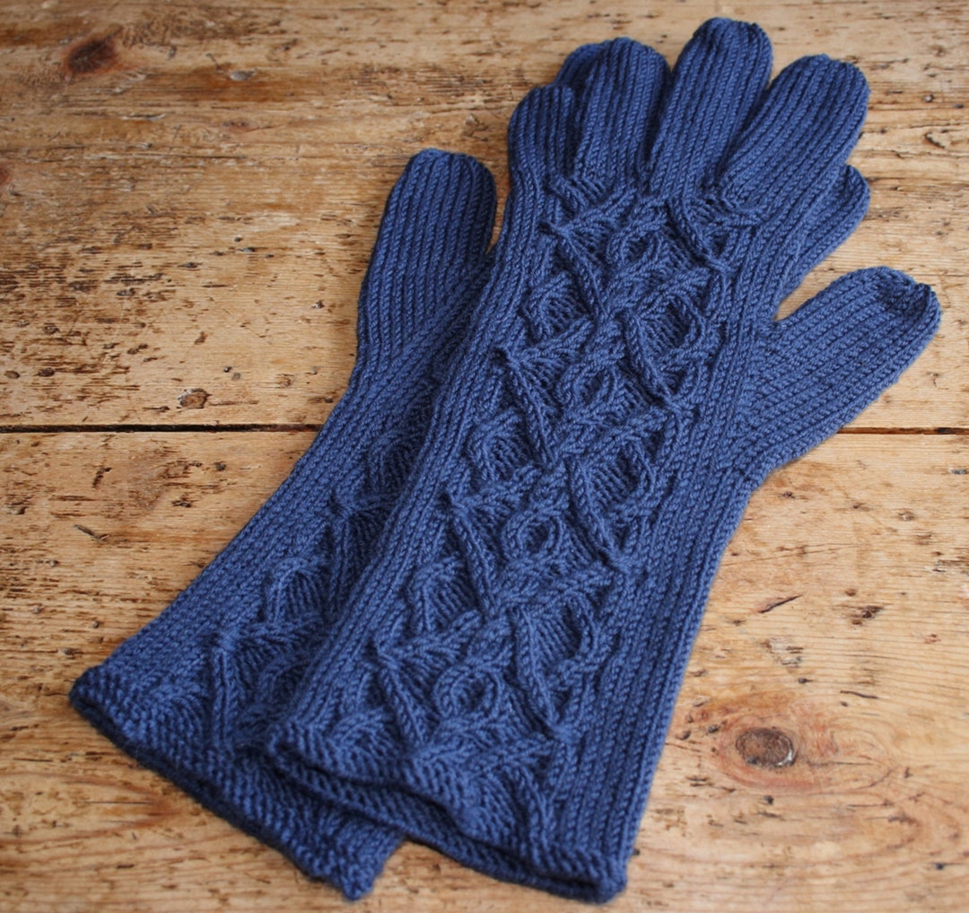 Merino Wool Gloves Denim Blue Airforce Blue Cable Pattern Women's