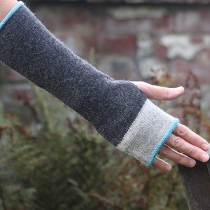 Fingerless mittens, arm warmers, wrist warmers, wristies grey, gray and blue, turquoise wool and alpaca image 2