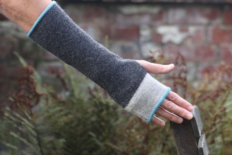 Fingerless mittens, arm warmers, wrist warmers, wristies grey, gray and blue, turquoise wool and alpaca image 2