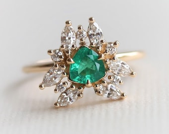 Layla - Zambian Emerald &Diamond Trillion Cluster Ring | Emerald Cocktail Ring | Emerald Engagement Ring | May Birthstone Ring