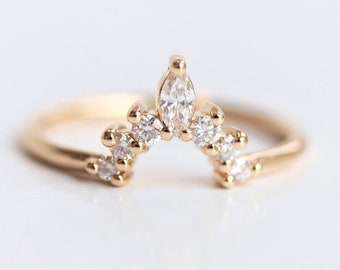 Lily Crown No.2 | Crown Diamond Contour Band, Crown Curved Band, Diamond Stacking Ring, Stacking Wedding Band, Diamond Wedding Band
