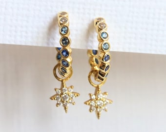 Stella |  Bezel Set Ombre Blue CZ Star Huggie Earrings, Vermeil Huggie, Star Huggie Hoop Earrings, Star Earrings