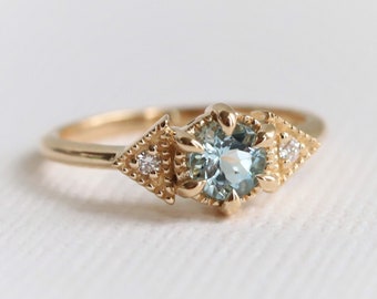Carrie Round Cut Aquamarine Ring | Round Aquamarine ring | Milgrain Aquamarine ring |Vintage Inspired Aquamarine Engagement ring