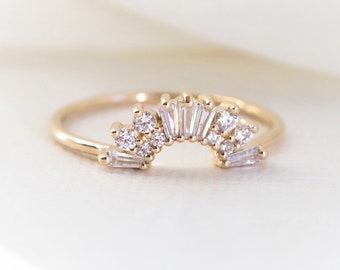Victoria Crown No.1 | Vintage-Inspired Diamond Contour Band, Crown Curved Band, Stacking Wedding Band, Diamond Band, Fan Band