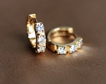 READY TO SHIP | 14K Huggie 0.4 ct. Diamond 10 mm Hoop Earrings | Diamond Hinged Hoop Earrings | 14K Diamond Hoop Earrings