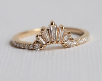 Empress Crown No.5 Pave' Band -  Vintage Inspired 14K Gold Diamond Contour Band, Crown Curved Band, Stacking Wedding Band