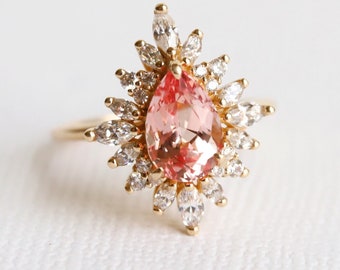 Lana - Pear Chatham™ Lab Created Champagne Sapphire Halo Ring | Peach Sapphire Statement Ring | Pear Sapphire Ring