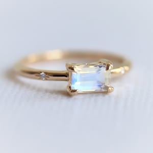 Stella 14K Emerald Cut Rainbow Moonstone Hidden Star Ring | Birthstone Ring | Emerald Cut Ring | Moonstone Ring