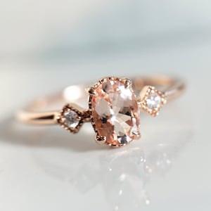 Cara - Oval Peach Morganite & Diamond Triple Station Engagement | 14k Gold Morganite and Diamond Vintage-Inspired Milgrain Ring