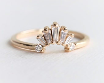 Empress Crown No.5 - Vintage Art Deco Inspired 14K Gold Diamond Contour Band | Crown Curved Band | Baguette Wedding Band