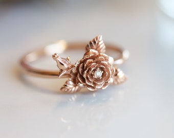 ROSE | 9K Gold Diamond Rose Ring | Solid 9K Gold Flower Ring | Rose Ring | Dainty Flower Ring | Hand Carved Flower Ring | Valentine Gift