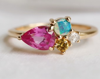 Bella | Pink, Yellow Sapphire, Opal, and Diamond Cluster Ring, Pink Sapphire Cluster Ring, Pink Sapphire Ring, Birthstone Ring