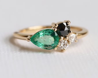 Bella - Emerald, Black Diamond, and White Diamond Cluster Ring | Emerald Cluster Ring | Emerald Ring | Birthstone Ring