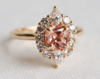 Jazlyn | Cushion Cut Chatham™ Champagne Sapphire Halo Ring | Peach Sapphire Engagement Ring | Sapphire Halo Engagement Ring