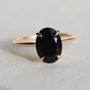 WYN Classic - Elongated OVAL Black Onyx Cathedral Style Solitaire Engagement Ring