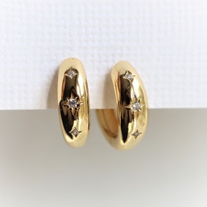 Stella |  Chunky Star Engraved Vermeil Huggies, Vermeil Huggie, Star Huggie Hoop Earrings, Star Earrings