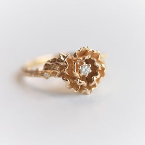 Peony No.1 | Diamond Peony Ring, Gold Flower Ring, Flower Ring, Twig Flower Ring, Flower Engagement Ring