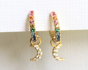 Stella |  Rainbow CZ Crescent Moon Dangle Huggie Earrings, Vermeil Huggie, Star Huggie Hoop Earrings, Star Earrings