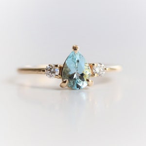 EVA - Three Stone Pear Aquamarine and Diamond Ring | 14k Gold Aquamarine Ring | Diamond Aquamarine Ring | Pear Aquamarine Engagement Ring