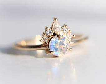 Olivia - Rainbow Moonstone & Diamond Crown Cluster Ring | solid 14k Gold Moonstone Ring | Moonstone Dainty Ring | Moonstone Engagement Ring