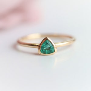 READY TO SHIP | Mya - Bezel Set Trillion Zambian Emerald Solitaire Ring in 14K Yellow Gold Size 7