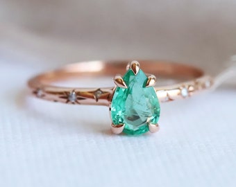 Stella | Pear Emerald Starburst Ring, Birthstone Ring, Pear Emerald Ring, Constellation Ring, Celestial Ring