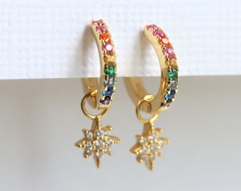 Stella |  Rainbow CZ Star Dangle Huggie Earrings, Vermeil Huggie, Star Huggie Hoop Earrings, Star Earrings