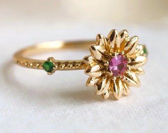 Sunflower | Pink Sapphire & Green Garnet Stacking Ring, Sunflower Ring, Pink Sapphire Flower Ring