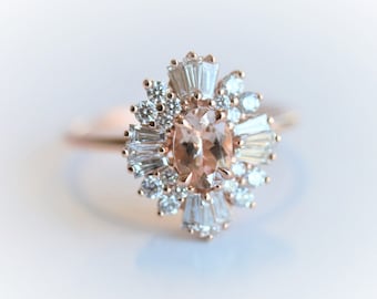 Victoria -  Morganite Vintage-Inspired Halo Ring | 14k Morganite Halo Ring | Morganite  Engagement Ring